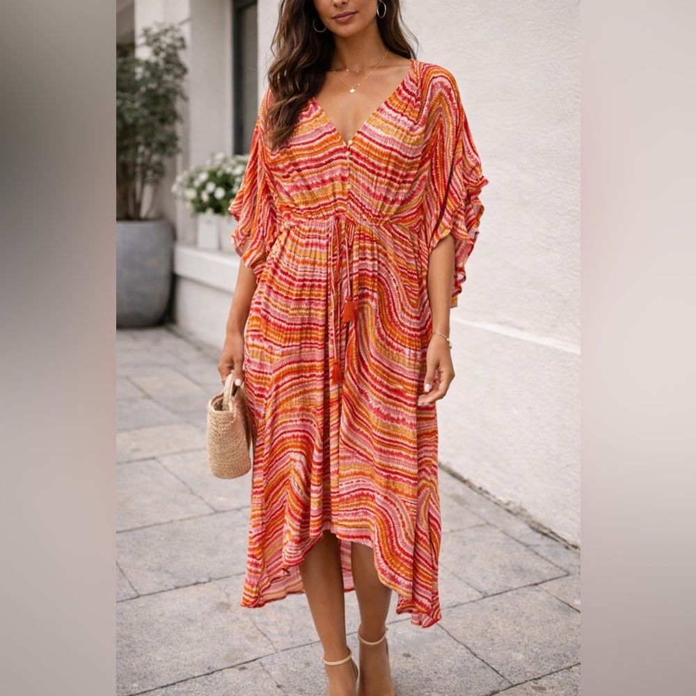 Dress Forum Orange Pink Tie Dye Stripe Oversized Beach Coverup Dress Size Large - Picture 8 of 8